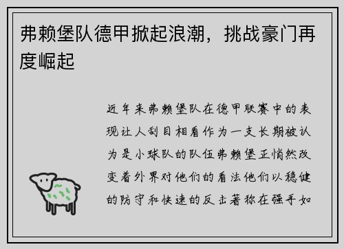 弗赖堡队德甲掀起浪潮，挑战豪门再度崛起