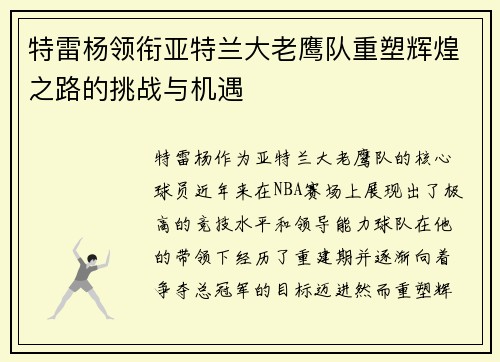 特雷杨领衔亚特兰大老鹰队重塑辉煌之路的挑战与机遇