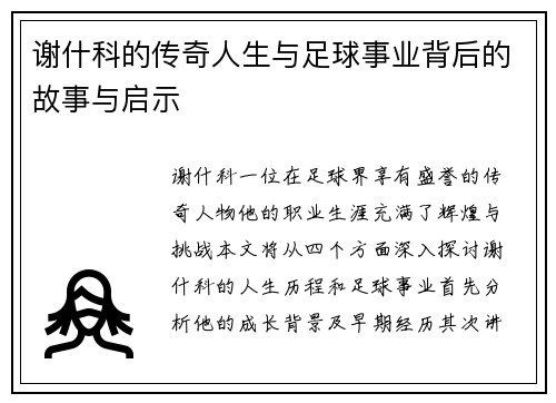 谢什科的传奇人生与足球事业背后的故事与启示