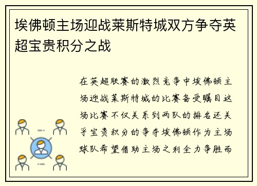 埃佛顿主场迎战莱斯特城双方争夺英超宝贵积分之战