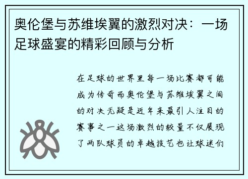 奥伦堡与苏维埃翼的激烈对决：一场足球盛宴的精彩回顾与分析