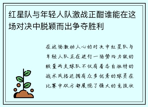 红星队与年轻人队激战正酣谁能在这场对决中脱颖而出争夺胜利
