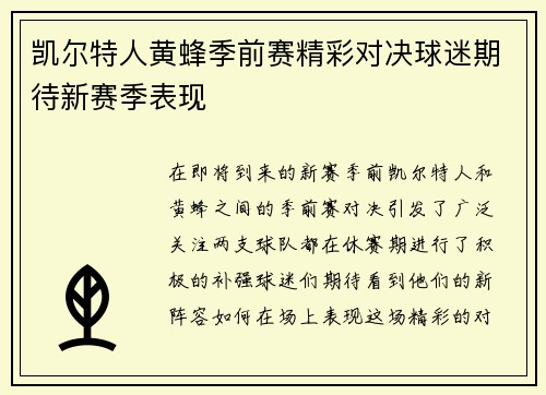 凯尔特人黄蜂季前赛精彩对决球迷期待新赛季表现