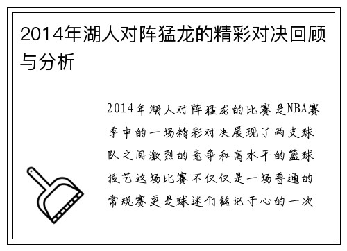 2014年湖人对阵猛龙的精彩对决回顾与分析