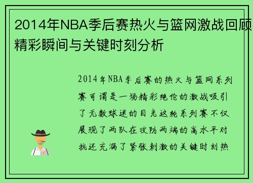 2014年NBA季后赛热火与篮网激战回顾精彩瞬间与关键时刻分析