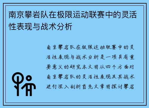 南京攀岩队在极限运动联赛中的灵活性表现与战术分析